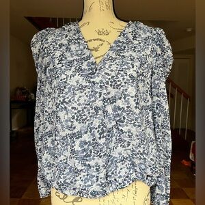 Women's Blue Floral V-Neck Blouse - Casual Long Sleeve Top